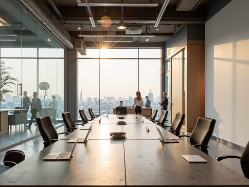 现代办公环境展示,宽敞明亮的会议室,配备先进设备,专业团队正在讨论项目方案,营造积极向上的工作氛围