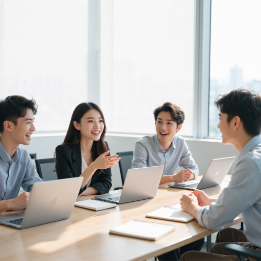 会议讨论场景,团队成员围坐讨论,气氛融洽,展现协作精神